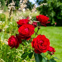 Vibrant red roses blooming in a lush garden setting