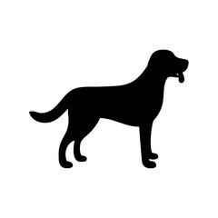 A simple black silhouette of a dog with its tongue hanging out