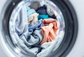 Colorful Clothes in Washing Machine Drum Close-Up