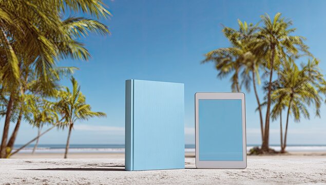 Light blue book and tablet on a tropical beach