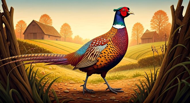 Majestic Ring-necked Pheasant in Autumnal Landscape - Powered by Adobe