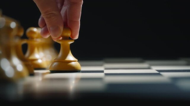 Close up of a hand moving a white pawn forward on a chessboard
