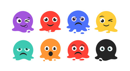 Fototapeta premium A colorful collection of eight expressive blob characters exhibiting diverse emotions and facial features on a plain white background