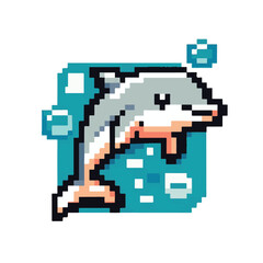 Cute pixel art dolphin character jumping from the water with bubbles. Retro 8-bit sea animal illustration for gaming