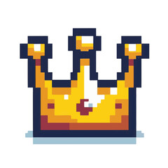 Classic golden royal crown rendered in a nostalgic 8-bit pixel art style, representing leadership, success, and winning in a retro video game context
