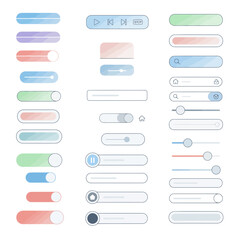 Flat UI buttons and web elements vector pack. Clean lines, soft pastel gradients, rounded shapes. Modular & high-resolution design