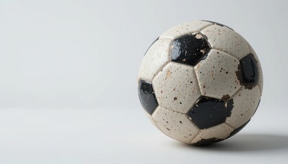 Fototapeta premium Classic, worn soccer ball with black and white panels on a plain white background, perfect for sports, games, and competition.