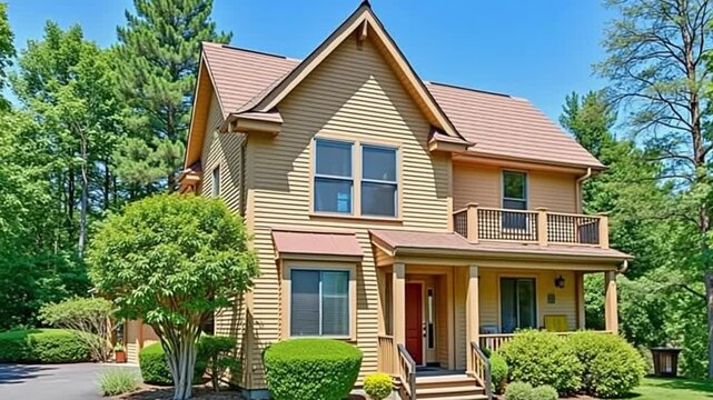 A charming two-story house with a brown roof, beige walls, and wooden accents, nestled amidst lush greenery under a clear blue sky.