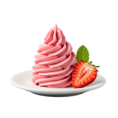 Pink strawberry frosting, creamy smooth, swirled on white plate with fresh strawberry half, mint leaf, close-up against transparent background. Concept for dessert advertising