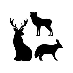 Elegant black silhouettes showcase wildlife diversity deer, wolf and aardvark