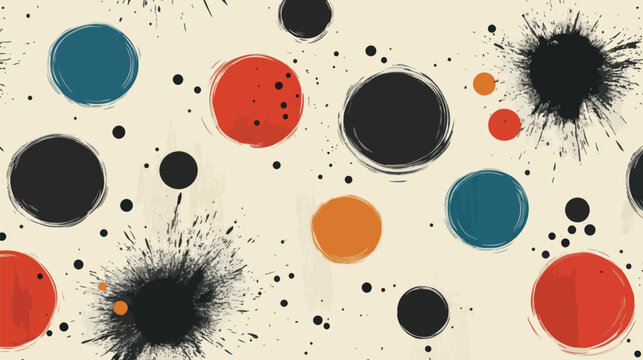 Abstract pattern of colorful circles and ink splatters on a beige background