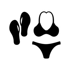 Black silhouette of bikini and flip flops against a white background