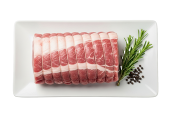 Raw boneless pork loin, twine-tied, on a white ceramic platter with green rosemary & black peppercorns, transparent studio background, high-key, concept of culinary quality
