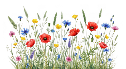 Watercolor painting of a vibrant wildflower meadow with red poppies, blue cornflowers, yellow daisies, and green grass, isolated on transparent background