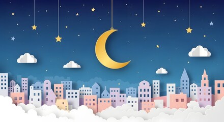 A whimsical cityscape at night with paper cut style buildings, a golden crescent moon, and twinkling stars creating a magical and dreamy atmosphere