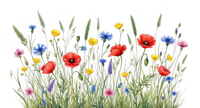 Watercolor painting of a vibrant wildflower meadow with red poppies, blue cornflowers, yellow daisies, and green grass, isolated on transparent background - Powered by Adobe