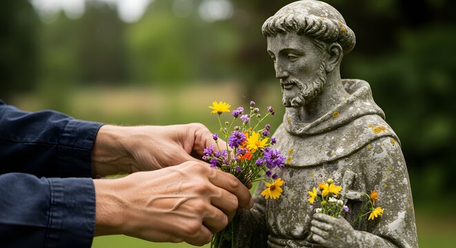 Person placing flowers on a statue of Saint Francis of Assisi in a garden.