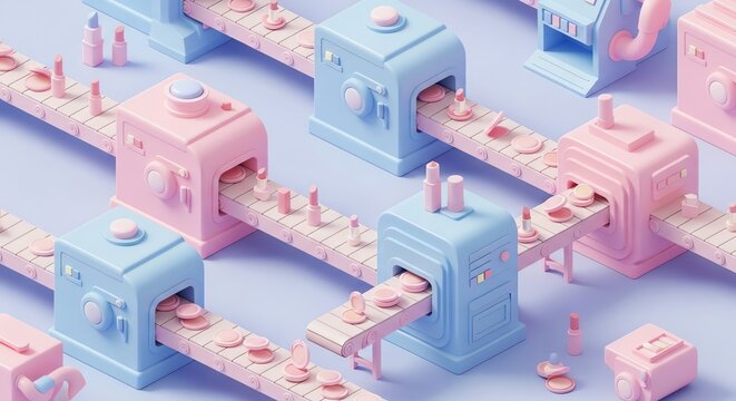 Pastel Cosmetic Factory: Pink & Blue Machines Producing Lipstick and Compacts on Conveyor Belts