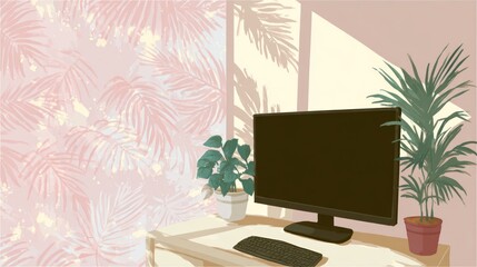 Home Office Desk with Computer and Green Plants in Sunlit Room