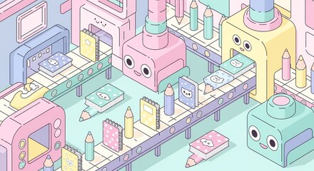 Cute Stationery Factory in Isometric Style with a Pastel Color Palette