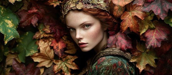 Portrait of a Woman with Red Hair and Freckles, Wearing a Floral Crown, Surrounded by Autumn Leaves