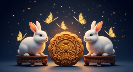 A whimsical midautumn festival scene featuring two adorable rabbits flanking a mooncake, surrounded by golden butterflies against a dreamy, dark blue backdrop