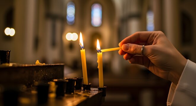 A person's hand lights a new candle from an already burning one, creating a warm glow in a dimly lit church interior, symbolizing prayer and remembrance.