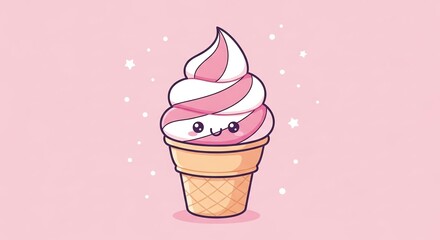 Kawaii Pink and White Ice Cream Cone with Smiling Face on Pink Background