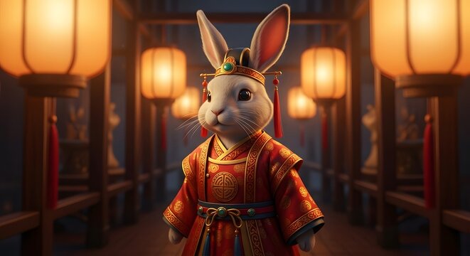 Adorable rabbit dressed in traditional chinese attire, standing amidst glowing lanterns, creating a festive atmosphere for the lunar new year celebration