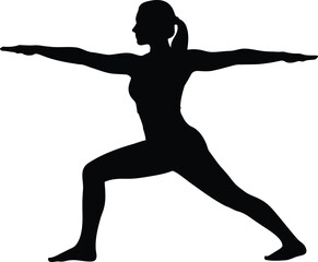 Silhouette of woman practicing yoga warrior pose stretching on vector