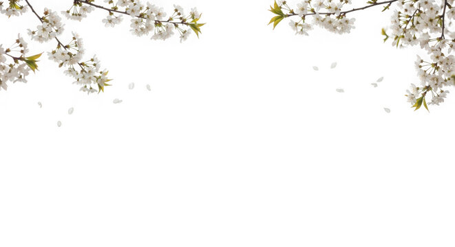 Branches of a cherry blossom tree with delicate white flowers and falling petals, set against a transparent background, symbolizing spring and renewal