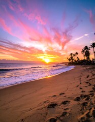 Vibrant sunset over a serene beach with palm trees