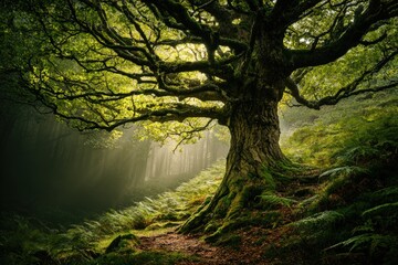 Obraz premium Massive Ancient Tree In Sunlight Drenched Forest