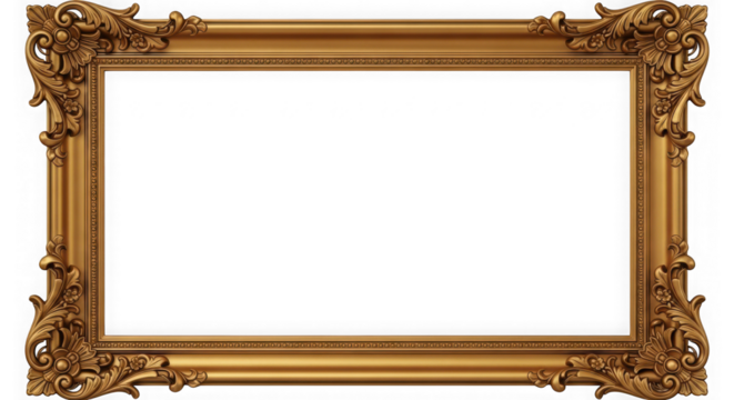Ornate golden rectangular picture frame with decorative scrollwork isolated on transparent background
