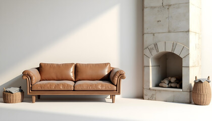 Cozy Living Room with Brown Leather Sofa and Stone Fireplace
