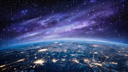 Fototapeta premium Earth At Night From Space With Stars And Galaxy