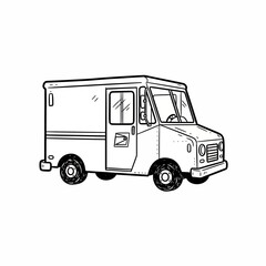 A black and white line art illustration of a postal service delivery truck, shown in a side view.