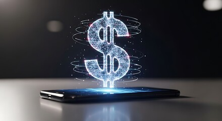 A glowing digital dollar sign projecting from a smartphone screen, representing finance.