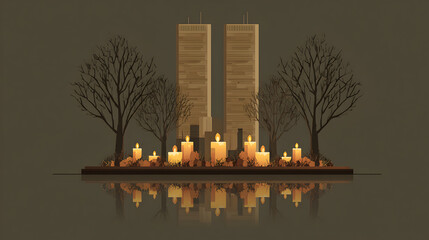 Solemn Remembrance Tribute With Wooden Towers And Flickering Candles Surrounded By Barren Trees