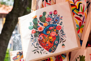 Mexican crafts, colorful art representing a heart with floral ornaments.