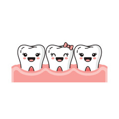 Fototapeta premium Adorable cartoon teeth with happy faces and a pink bow showing dental health and hygiene practices