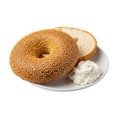 Golden-brown toasted sesame bagel, sliced with cream cheese on a white plate, isolated on transparent background, 45-degree angle, sharp focus, appetizing food concept