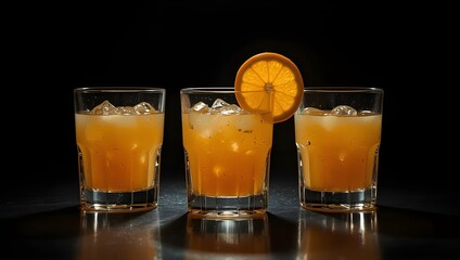 A trio of chilled orange cocktails with crushed ice and a citrus slice garnish, elegantly presented on a reflective dark surface for a sophisticated bar setting