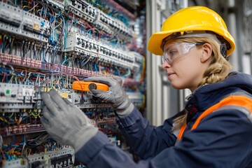 Female electrician testing electrical panel with multimeter in industrial setting, concept for electrical maintenance, power distribution and industrial safety