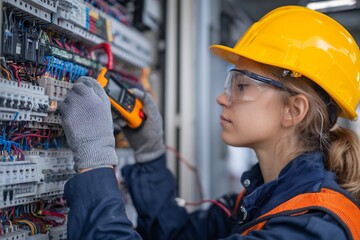 Female electrician is checking electrical system with multimeter wearing protective gear, concept for power maintenance, industrial diagnostics and electrical engineering projects