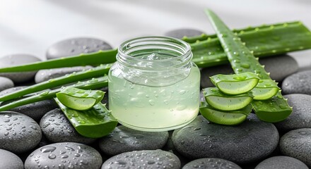 Aloe vera gel in a jar amidst sliced leaves set on wet stones