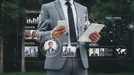 A businessman in a suit holds a smartphone and tablet, interacting with a futuristic holographic display showing news, technology, fashion, politics, and world information - Powered by Adobe