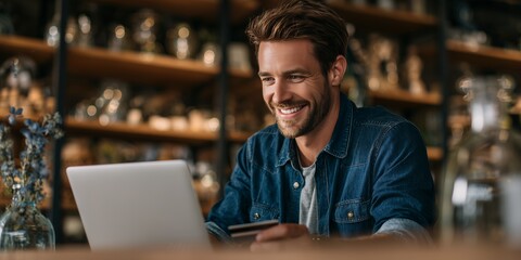 Smiling man holding credit card looks at laptop in a cafe setting with shelves in the background, concept for online shopping, secure payments and financial technology