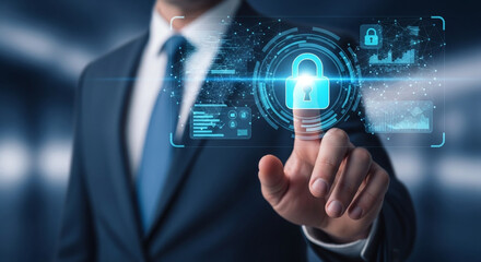 Professional presses glowing security lock interface for robust data protection and privacy controls