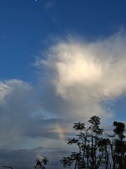 A scenic view of a blue sky with fluffy white clouds and a faint rainbow appearing above the trees. 